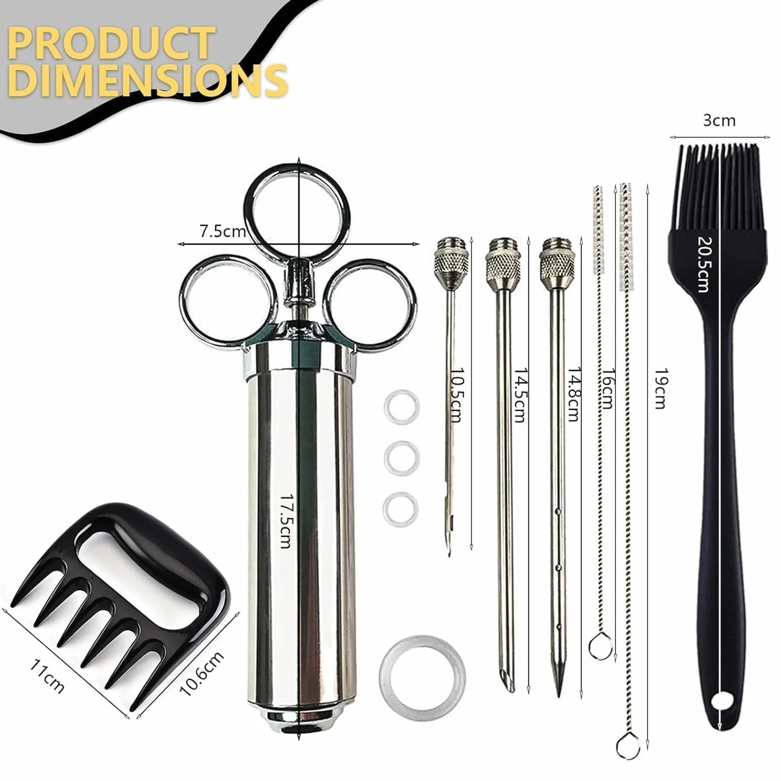 Iniettore per carne in acciaio inox 60 ml con 3 aghi siringa per marinata barbecue
