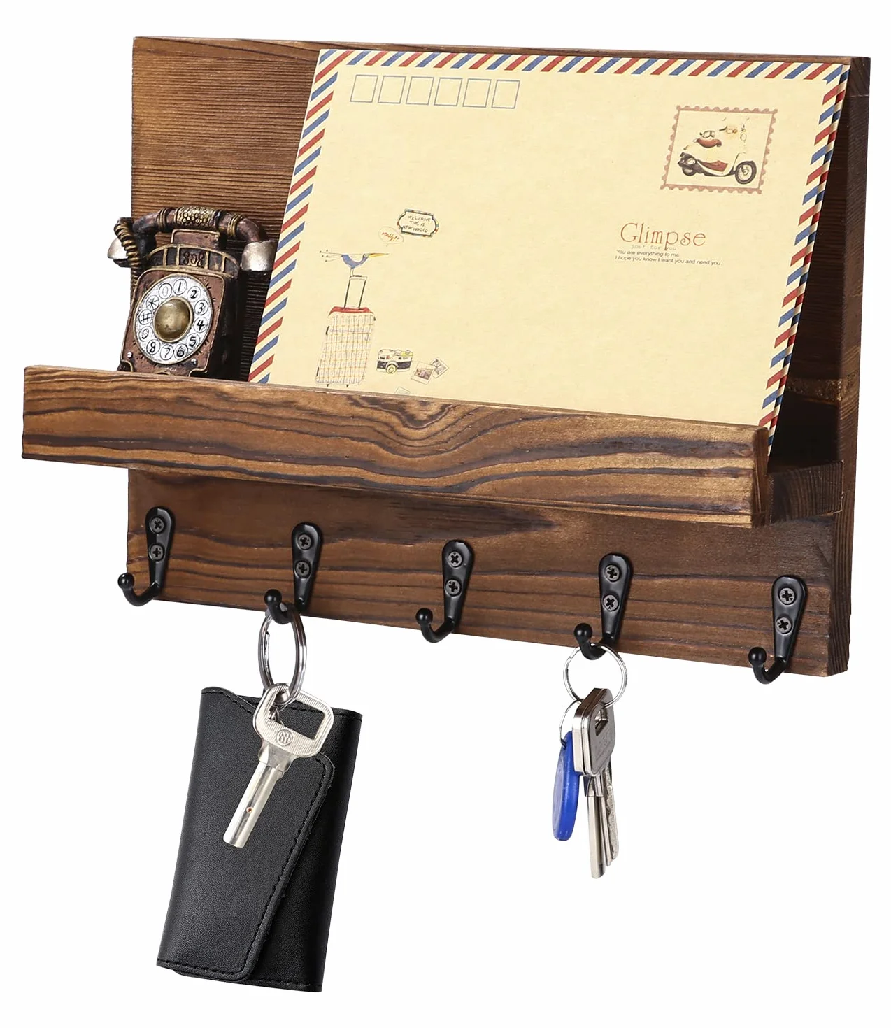 Porta Lettere Chiavi Occhiali in Legno con 5 ganci per chiavi, Porta chiavi in legno e porta lettere, Portachiavi da Parete in Legno, Appendichiavi Portachiavi da Muro.
