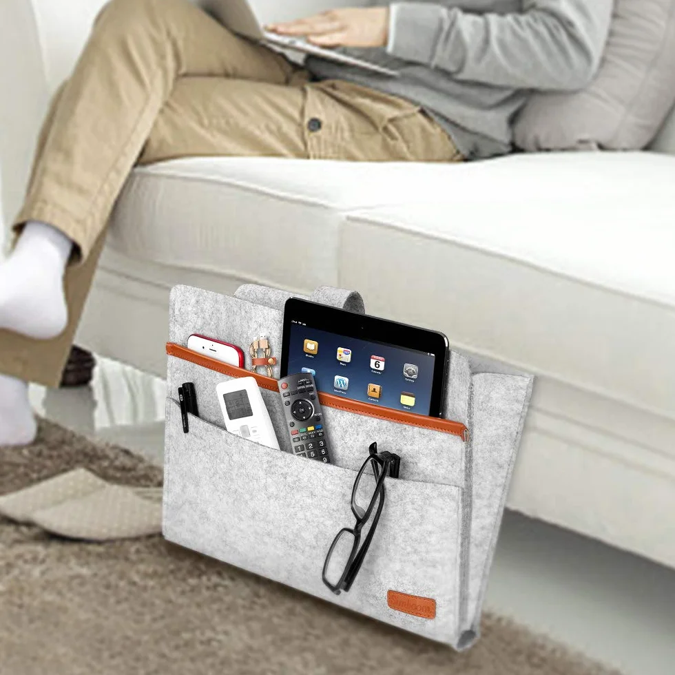 SIMBOOM Organizer per Letto 4 Tasche Portaoggetti Borsa in Feltro Comodino Grigio Chiaro