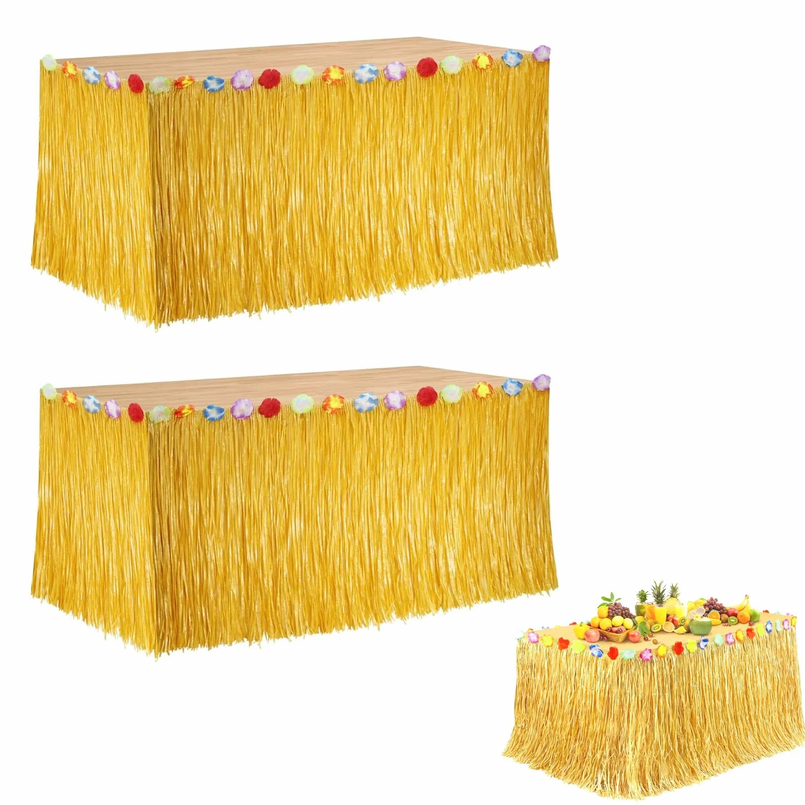 Set di 2 Tovaglie in Stile Hawaiano – 276 x 75 cm, Tovaglie di Paglia per Decorazioni Tropicali con Nastro Adesivo e Anelli Decorativi, Perfette per Feste a Tema Luau, Estive e da Spiaggia