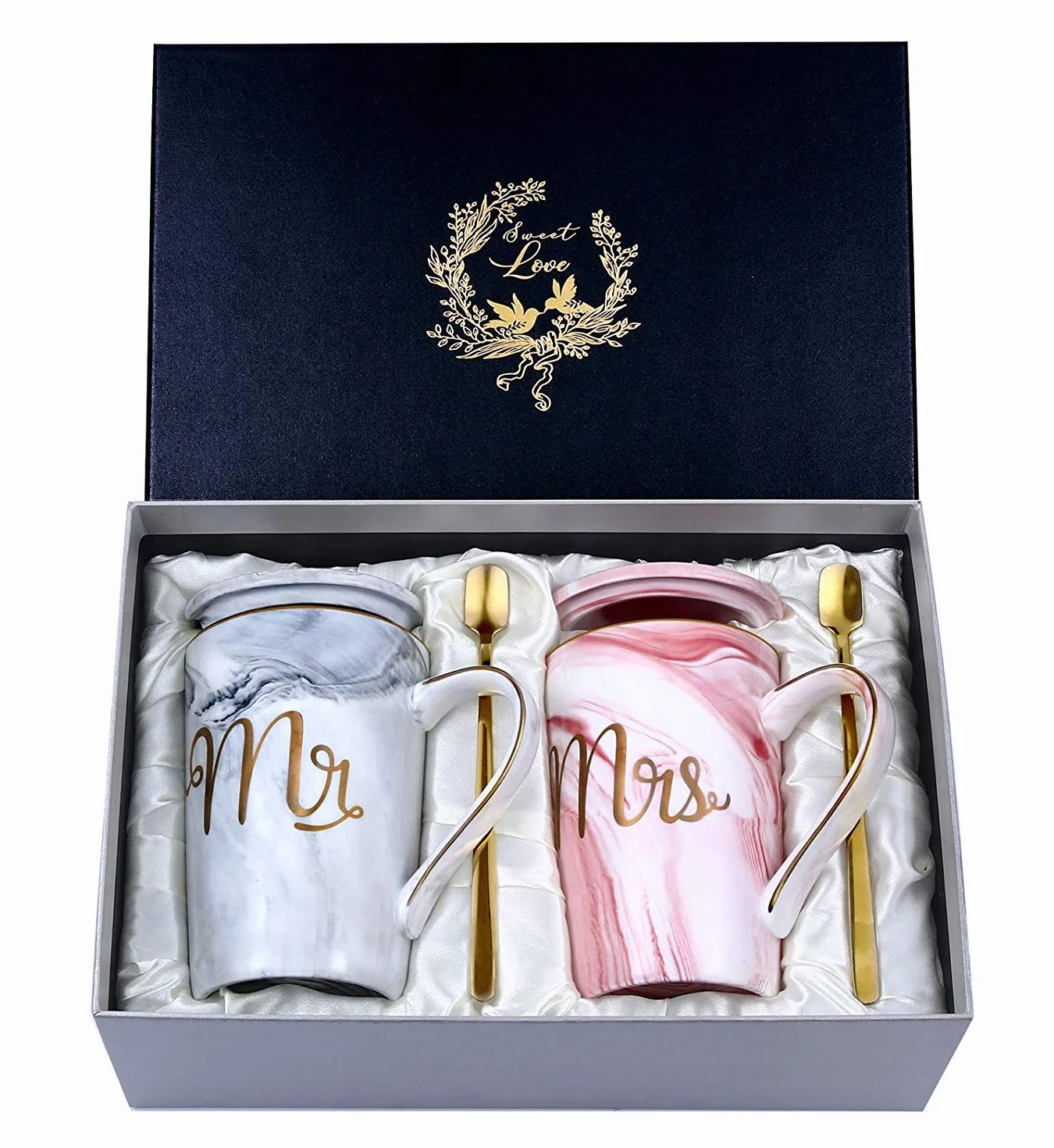 Coppia Tazze Caffè Mr e Mrs Ceramica Marmo 400ml con Cucchiai Coperchi Biglietto Scatola Regalo Elegan