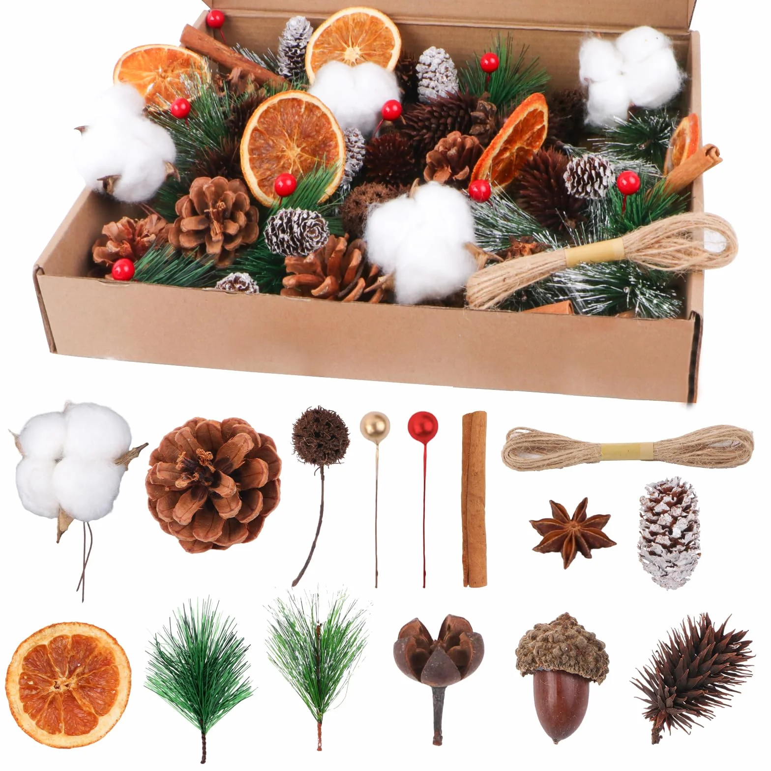 Set di 170 pezzi per corona di Natale - Accessori per corona dell'Avvento con cotone, fette di arancia essiccate, bastoncini di cannella, anice stellato, noci, pigne, bacche, rami di abete