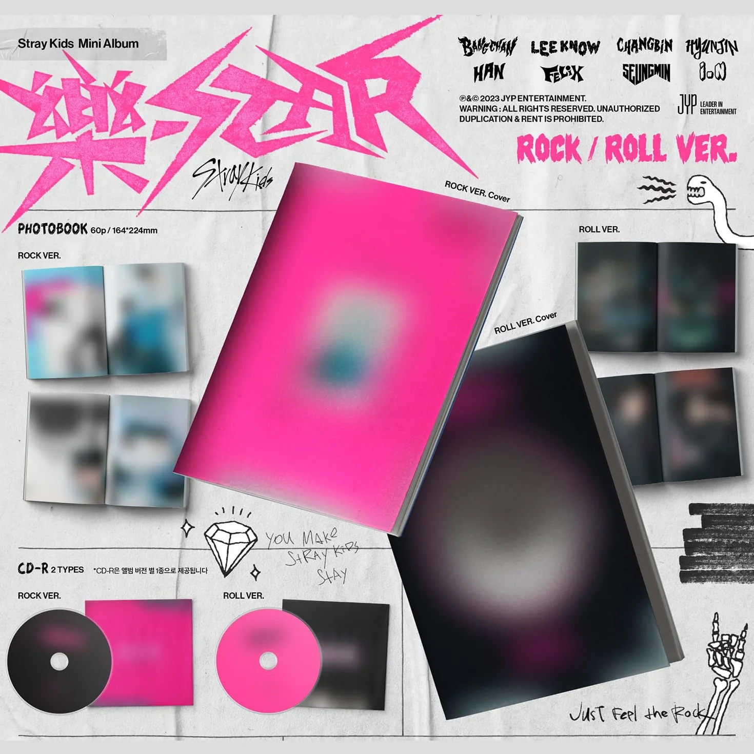 Stray Kids - -Rock-STAR (Strandard - ROCK Ver.) Photobook + CD-R + Photocard + Panorama Mini Poster + Unit Photocard + Sticker + 2 Pin Badges + 5 Extra Photocards