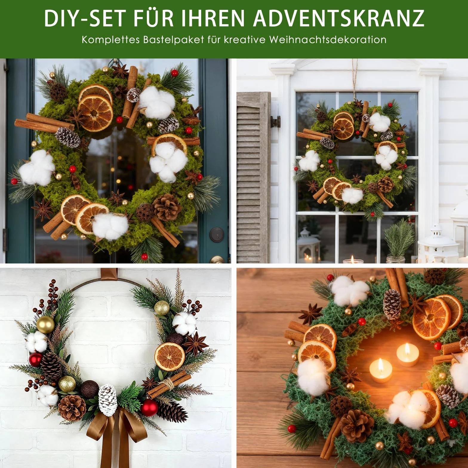 Set di 170 pezzi per corona di Natale - Accessori per corona dell'Avvento con cotone, fette di arancia essiccate, bastoncini di cannella, anice stellato, noci, pigne, bacche, rami di abete