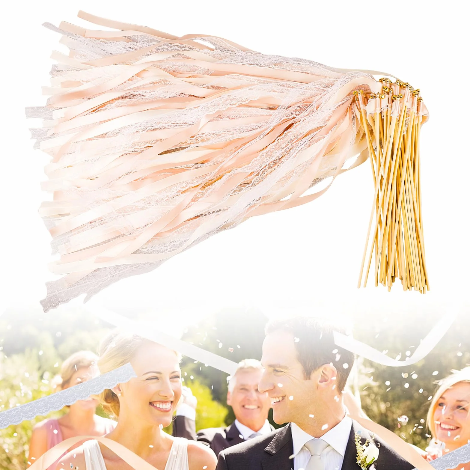 50 pezzi da parete con campana, bacchette magiche per matrimonio, stelle filanti con campane, bacchette con bacchette da sposa, bacchette con campana e nastri per matrimoni, compleanni, feste