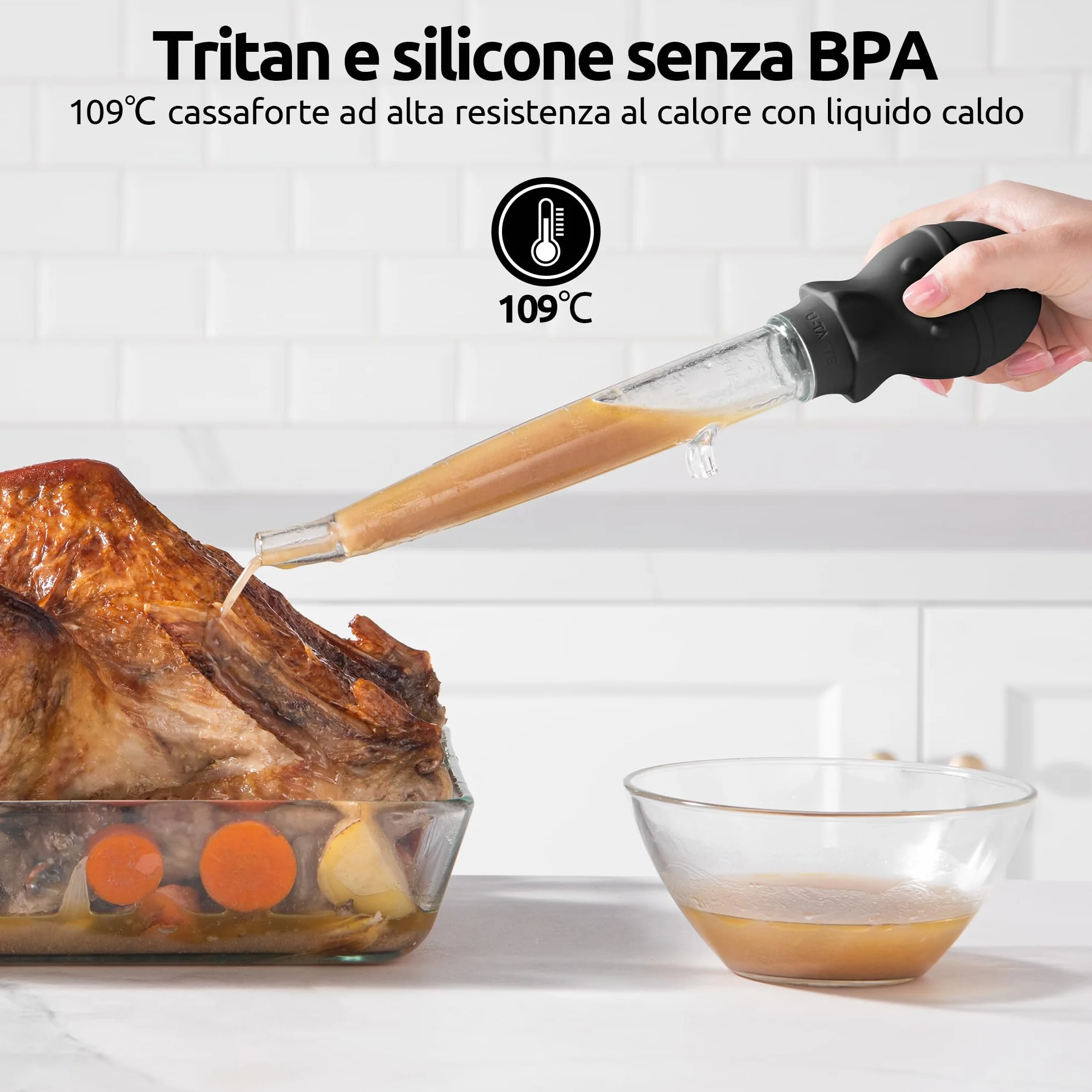 U-Taste Grande Baster per Tacchino Angolato 109℃ Resistente al Calore Pipetta per Grasso di Carne in Tritan con Bulbo di Polpo in Silicone 44 ml Nero