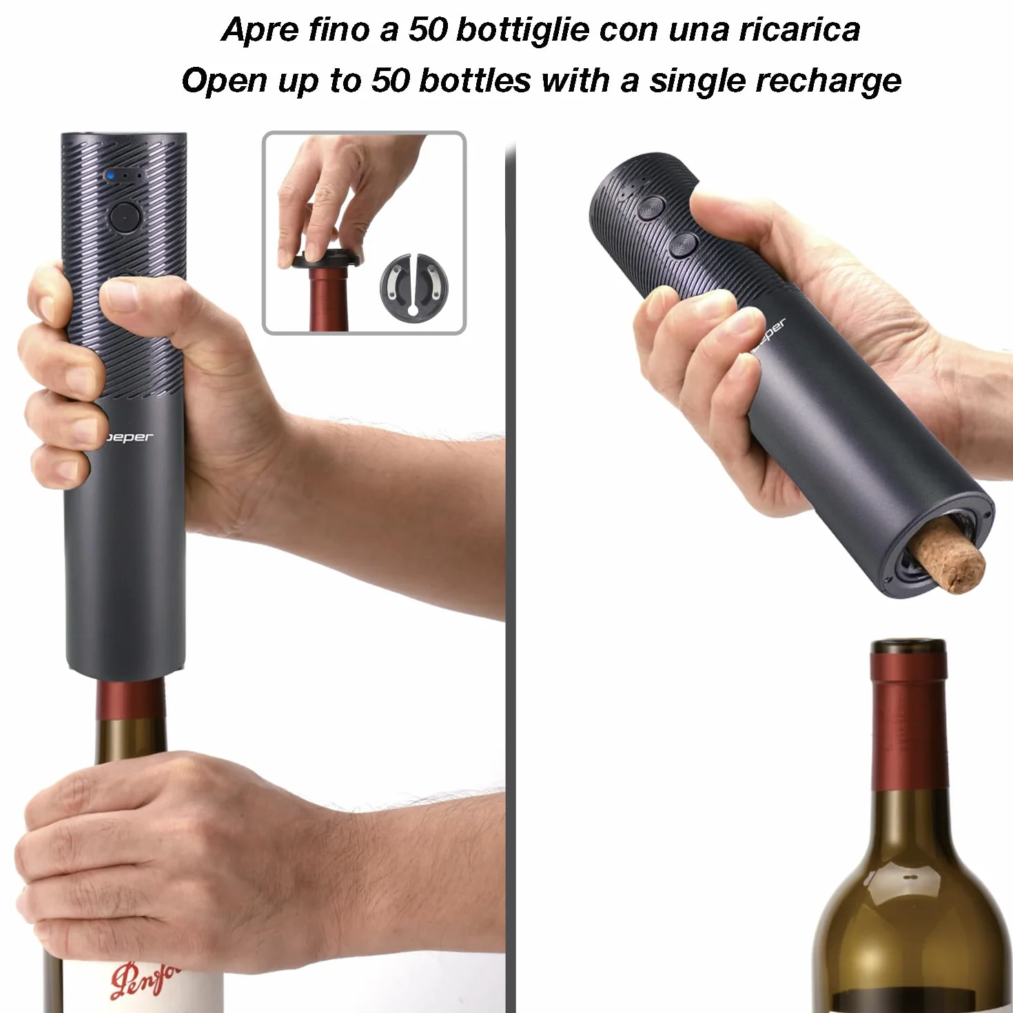 BEPER P102ACP103 Cavatappi Elettrico Ricaricabile USB, Apribottiglie Vino, Taglia Capsule