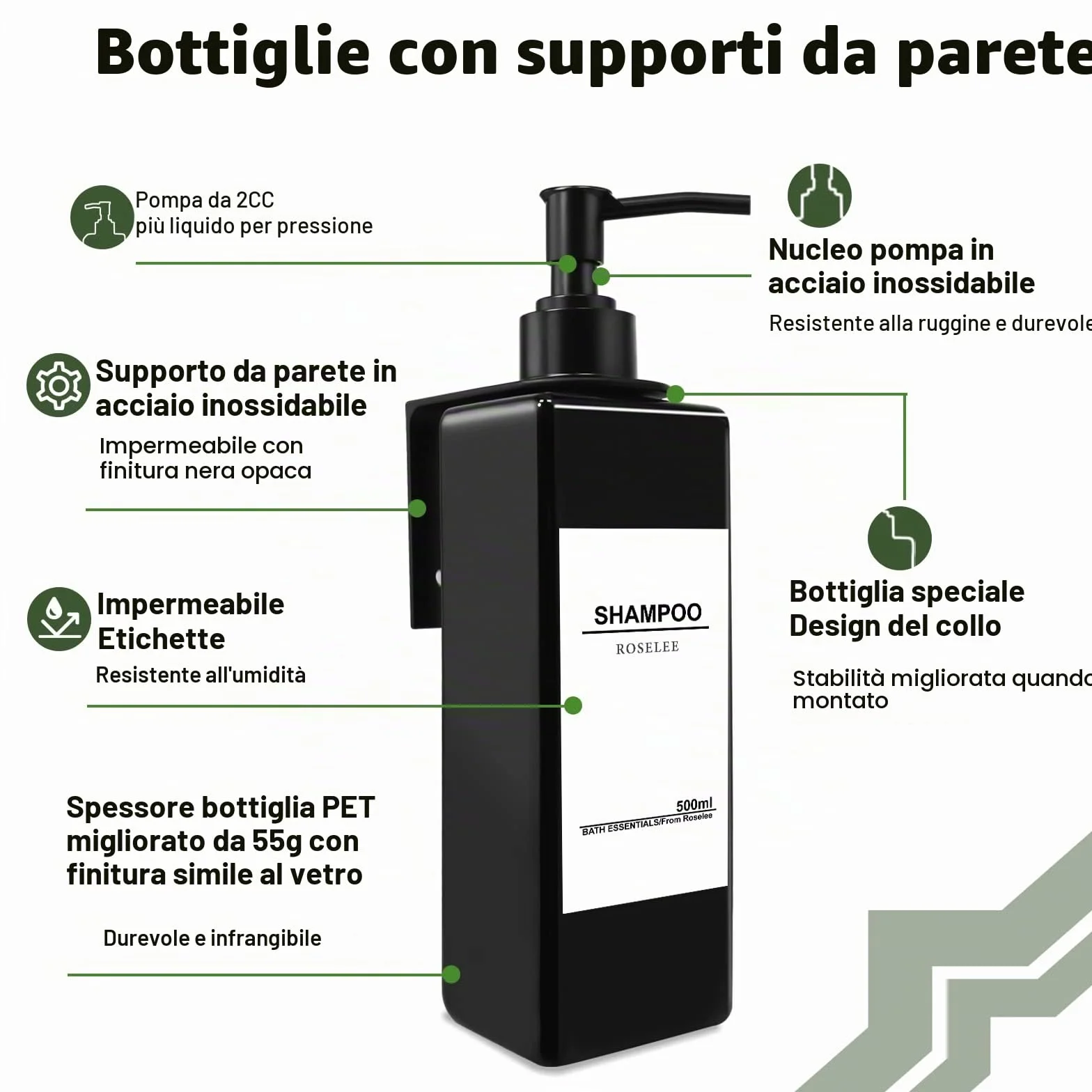Roselee 3 Pezzi Dispenser Sapone Doccia da Muro, Dispenser Sapone Bagno Senza Foratura, 500ml Dispenser Doccia Shampoo e Bagnoschiuma con Etichetta per Bagno, Cucina