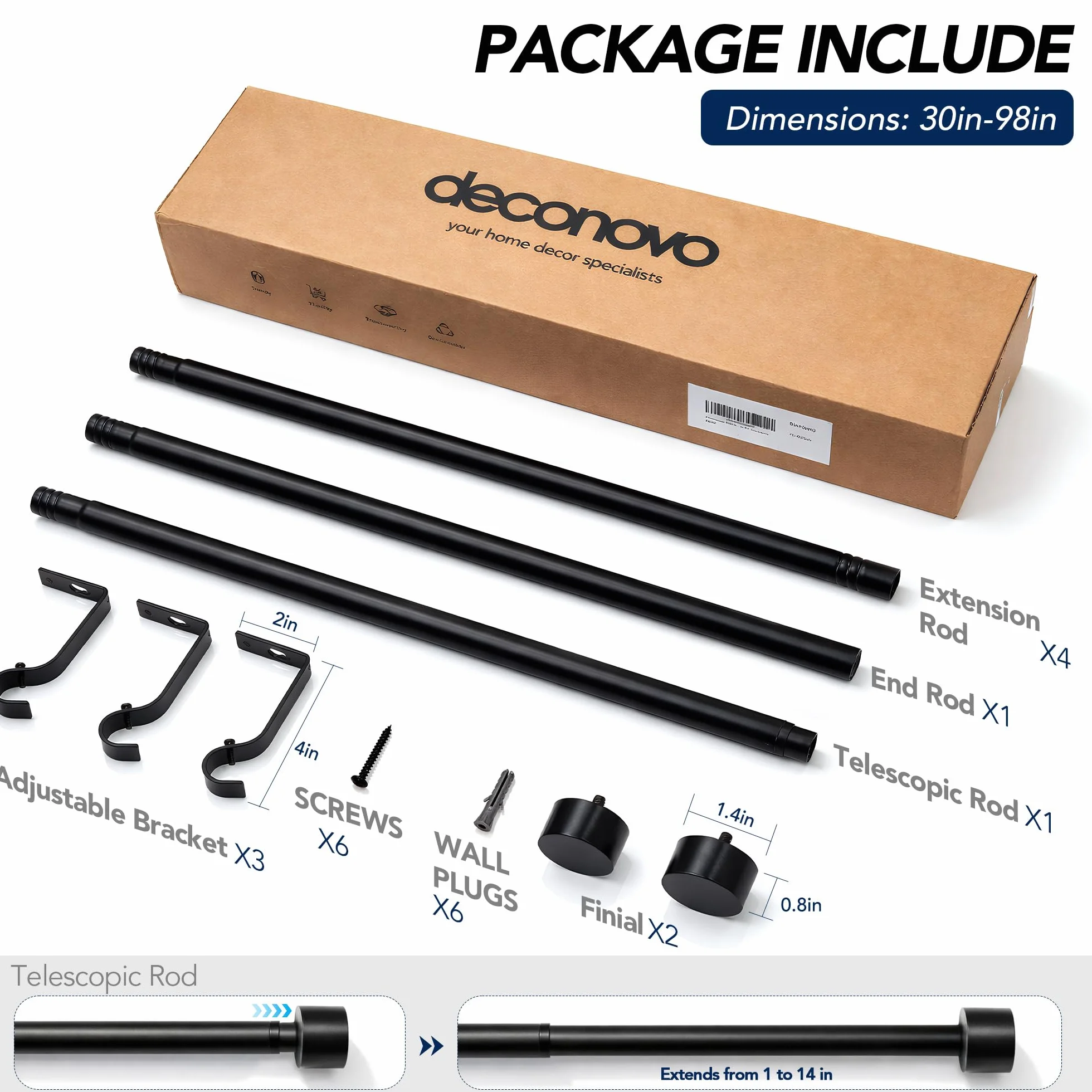 Deconovo Bastone per Tende Estensibile 76–249 cm Metallo Ø19 mm Nero 10 kg