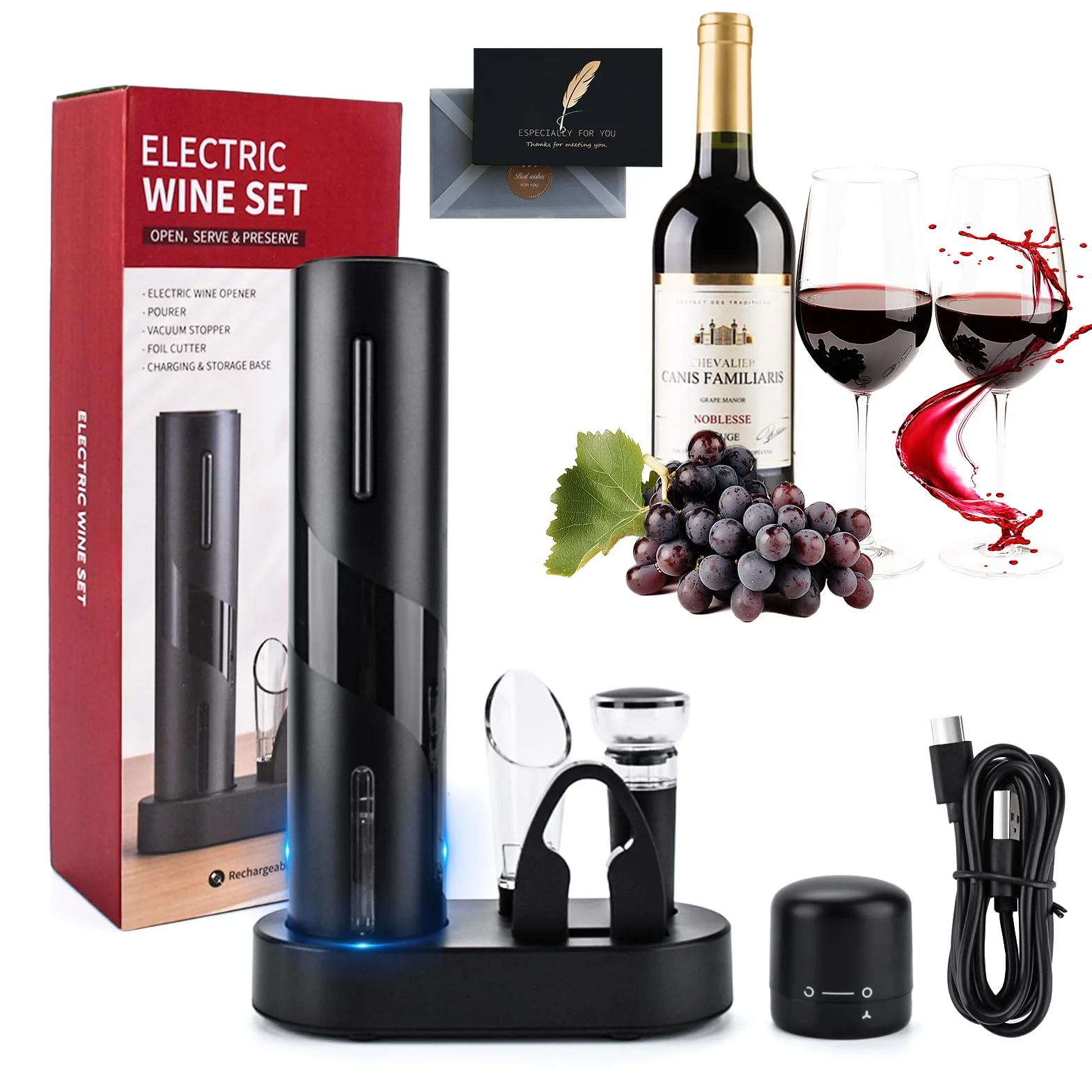 UCAMP Elettrico Cavatappi Apribottiglie per Vino 7 in 1 Set Regalo con Apriscatole Elettrico