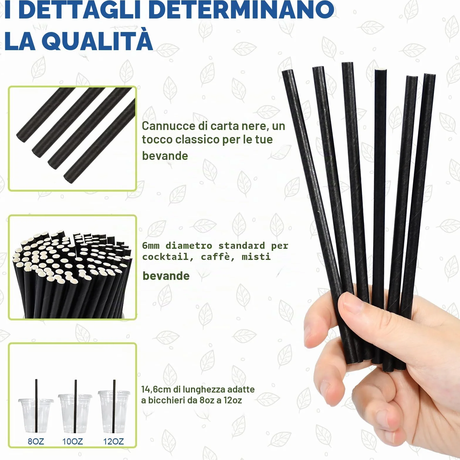 Confezione da 500 cannucce e bastoncini per cocktail ecologici in carta nera – 14,6 x 0,6 cm, per casa, bar e ristoranti