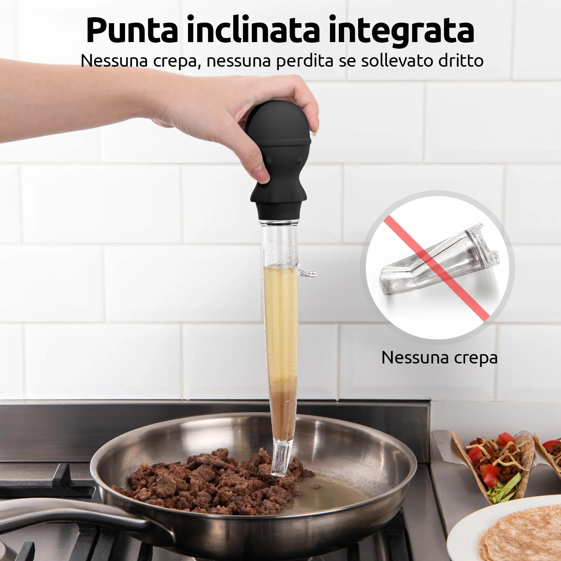 U-Taste Grande Baster per Tacchino Angolato 109℃ Resistente al Calore Pipetta per Grasso di Carne in Tritan con Bulbo di Polpo in Silicone 44 ml Nero