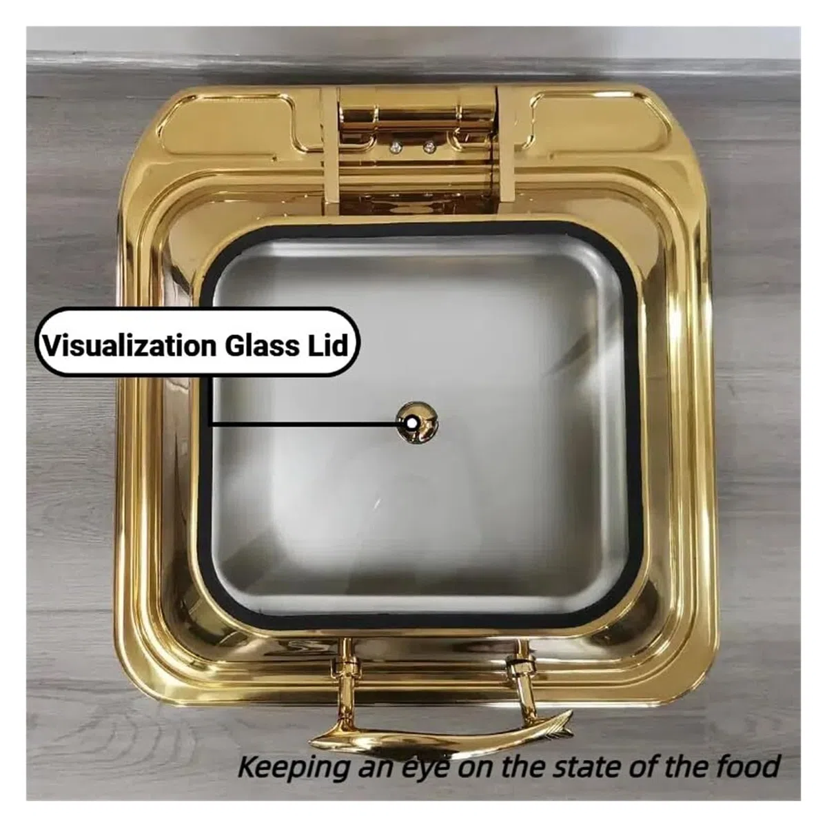 Scaldavivande Quadrati in Acciaio Inox for Buffet | Con coperchio in vetro e design ammortizzante: scaldavivande for feste a buffet, supporto stabile(Gold)