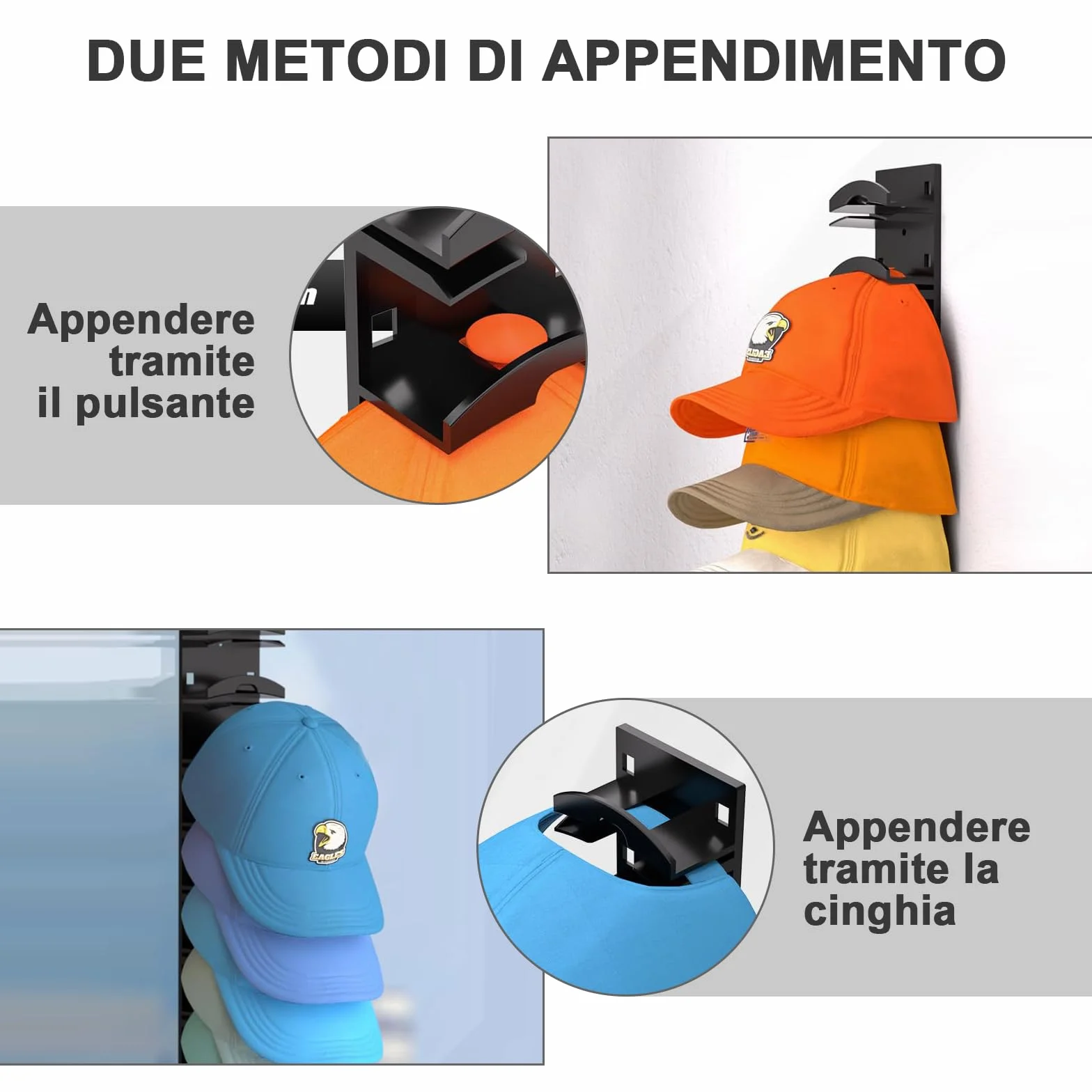 Set da 2 Portacappelli Adesivo per Parete & Porta, Organizzatore per Cappellini da Baseball Capienza 20 Cappelli - Scaffale senza Fori con Cordino Regolabile per Guardaroba