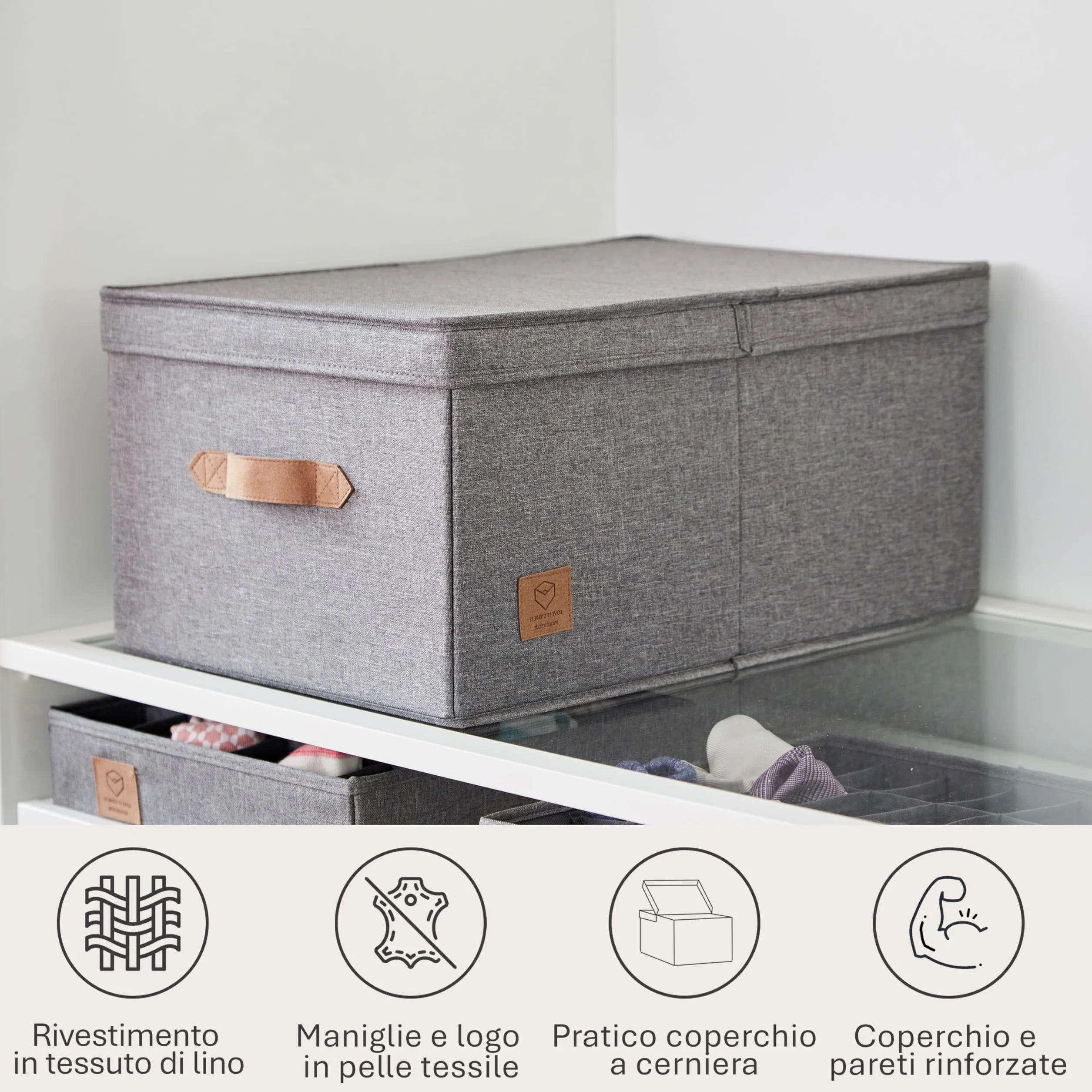 LOVE IT STORE IT Premium Scatola Portaoggetti con Coperchio - Scatole Tessuto di Lino - Rinforzata con Legno - Contenitore Grande Grigio 33x50x24 cm