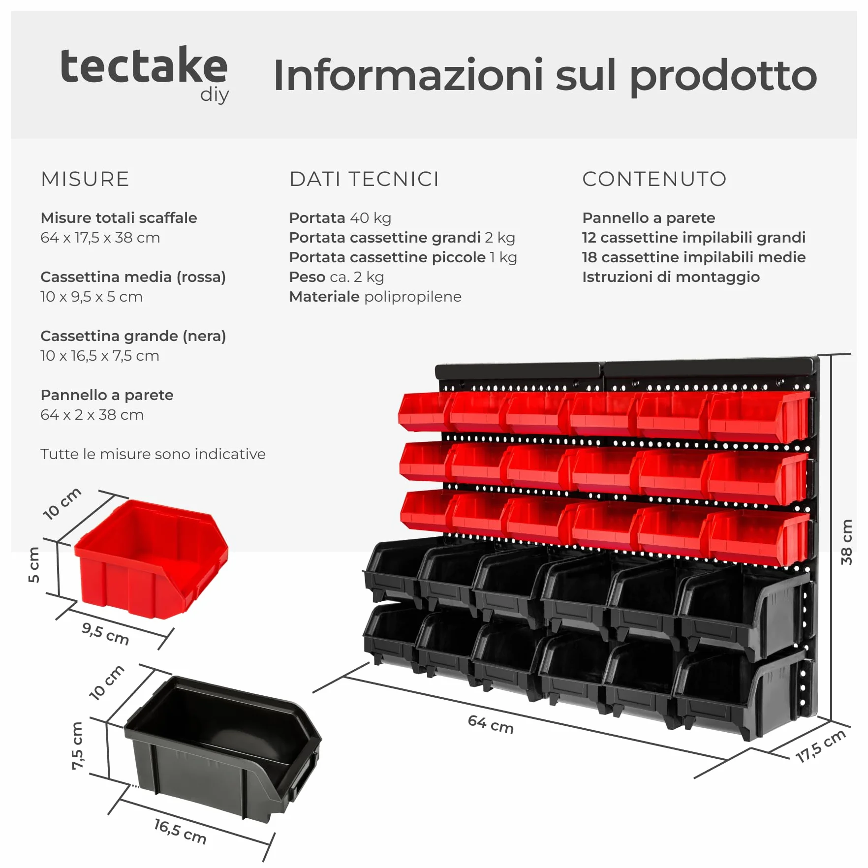 tectake Portaminuteria Scaffale da Parete 30 Cassetti Impilabili 64x38x17,5 cm Cassettiera Officina