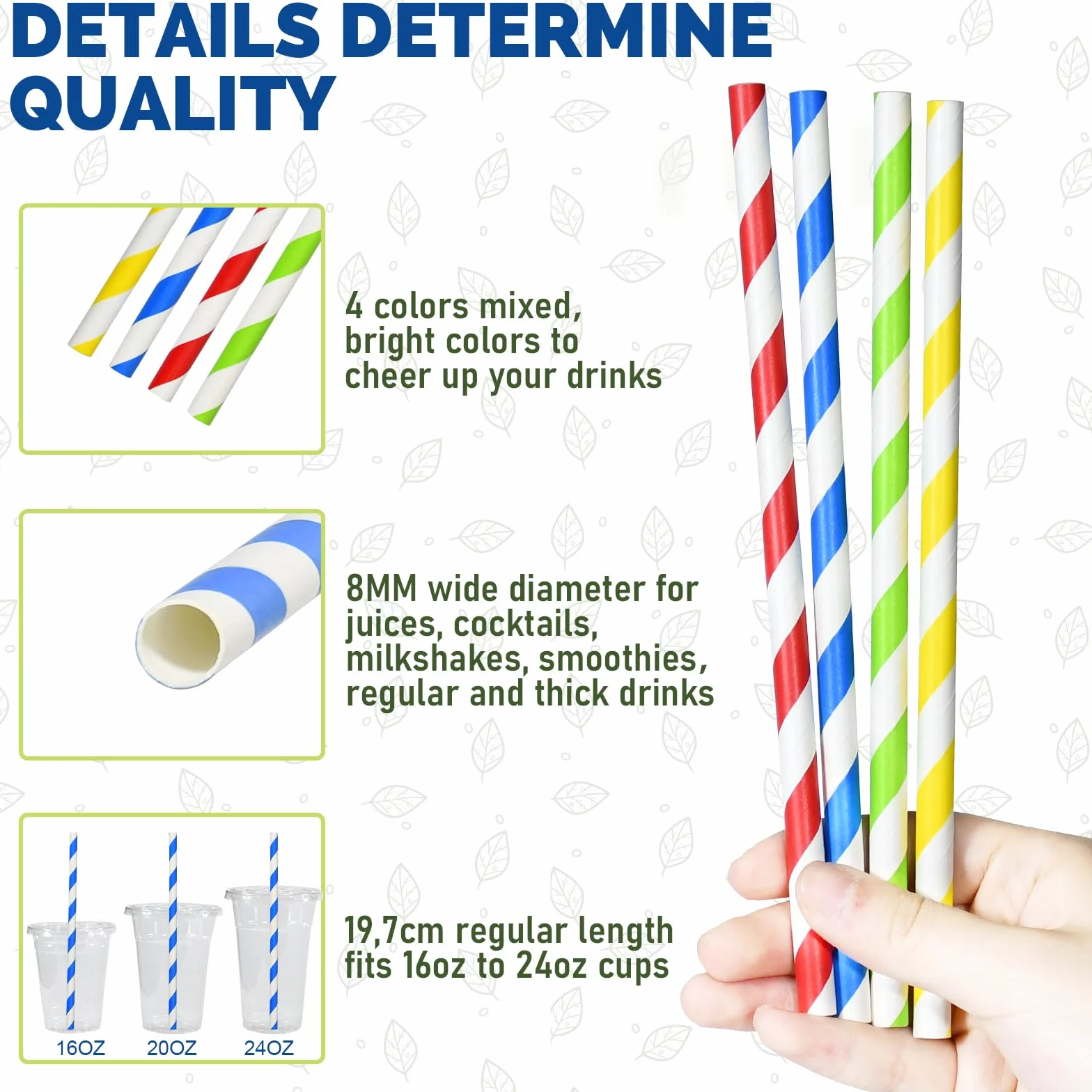 Cannucce di carta usa e getta da 8mm, 19,7 cm a strisce colorate - per frullati, gelato, smoothies, bevande dense - confezione da 200