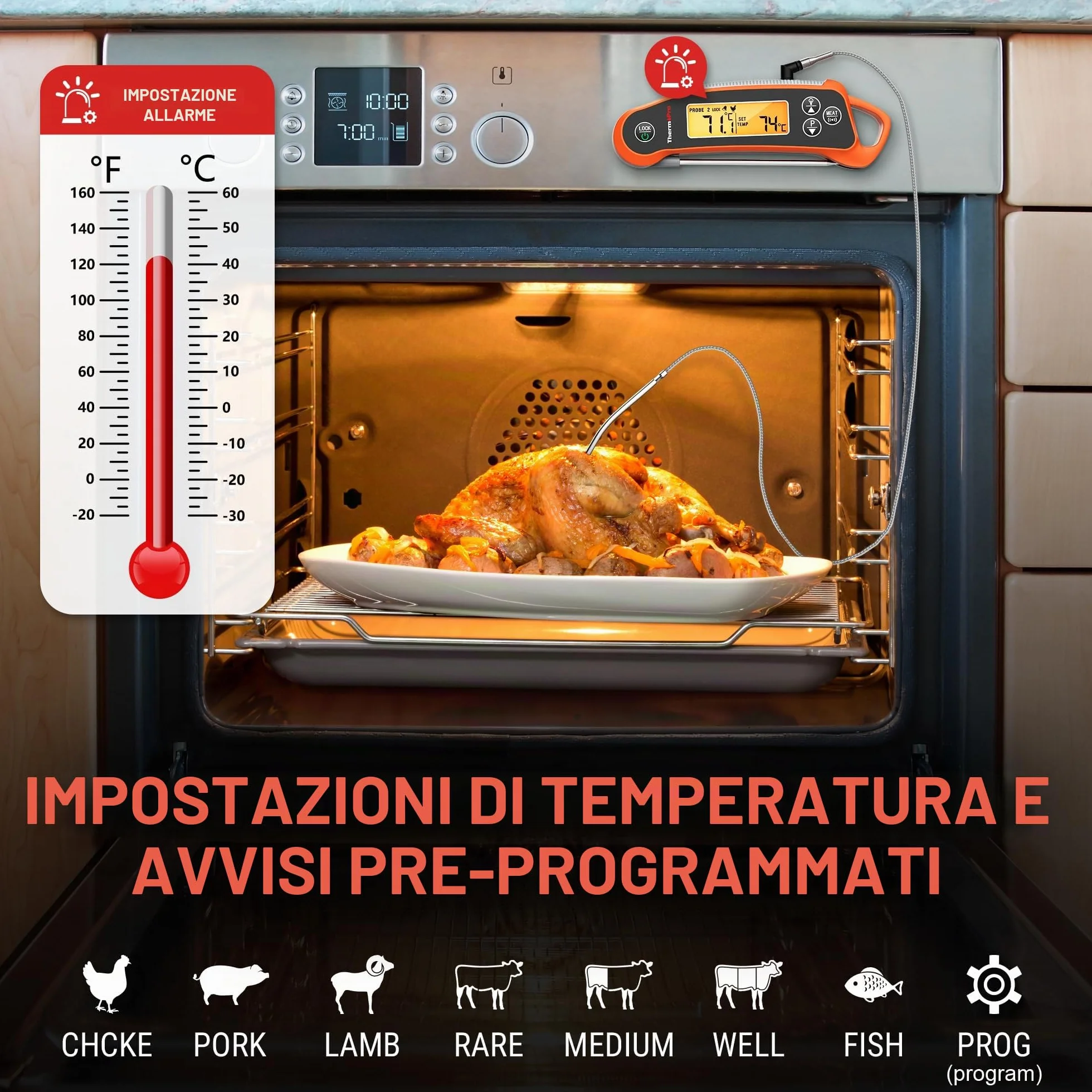 ThermoPro TP710 Termometro Cucina per Carne con Lettura Istantanea, Termometro Barbecue Impermeabile 2-in-1 con Doppia Sonda e Display a Doppia Temperatura per Forno, Grigliate, Affumicatore