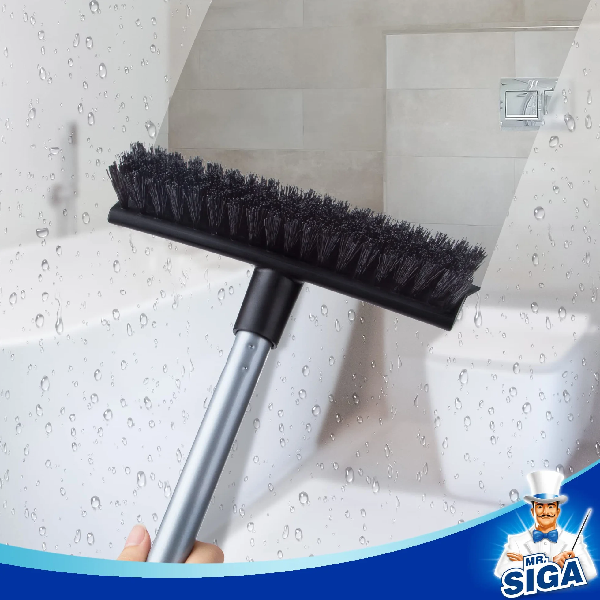 MR.SIGA lavapavimenti con manico lungo, spazzola 2 in 1 con tergipavimento ad acqua per la pulizia di piastrelle, terrazze, bagni, piscine e terrazze, lavapiastrelle con setole rigide