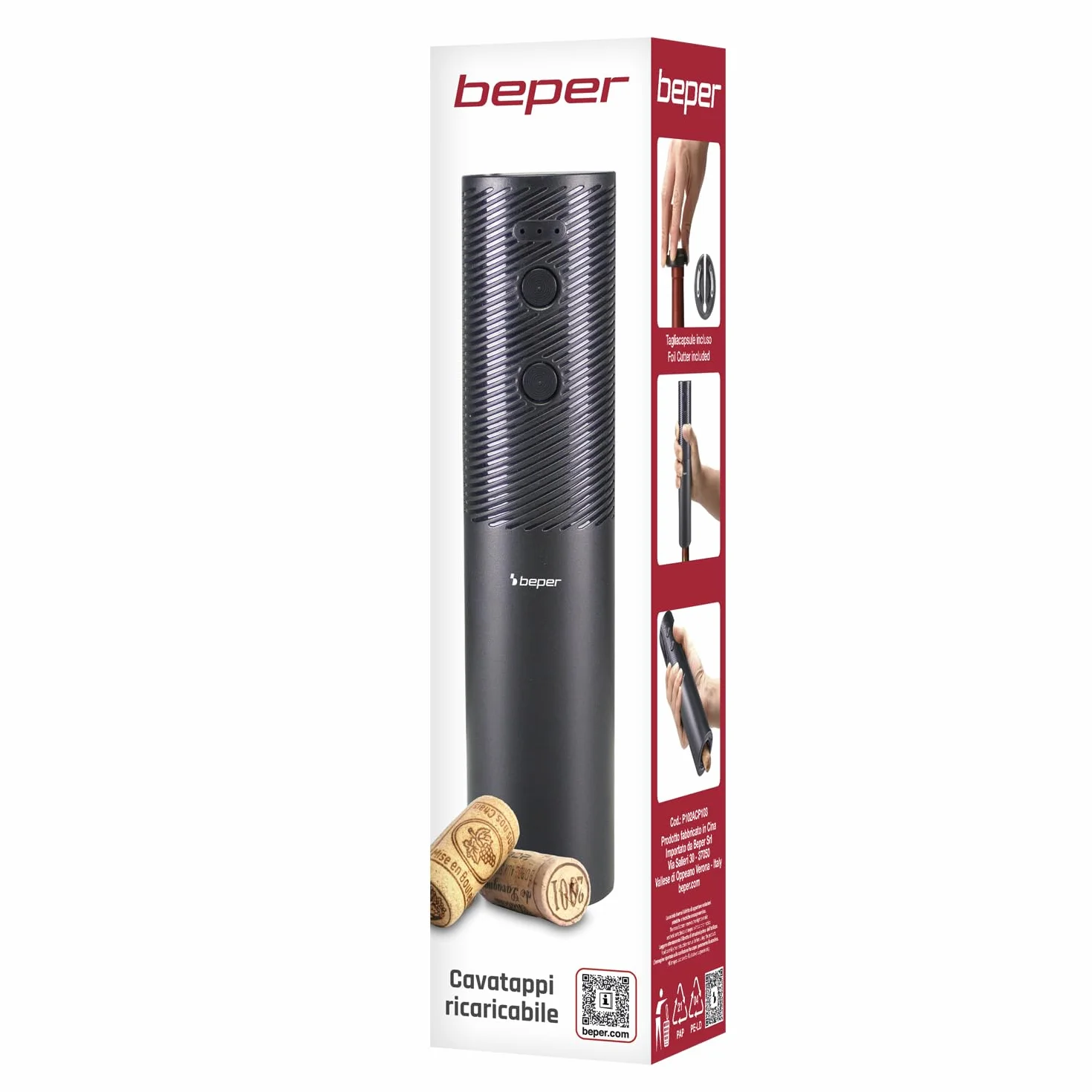 BEPER P102ACP103 Cavatappi Elettrico Ricaricabile USB, Apribottiglie Vino, Taglia Capsule