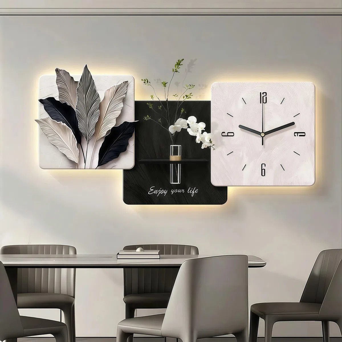 Orologio da Parete 3D con Luce LED, Decorazione Moderna per la casa, Orologio da Parete Decorativo Silenzioso al Quarzo con Design a Foglie e Fiori, Texture arenaria, per Soggiorno, Camera d