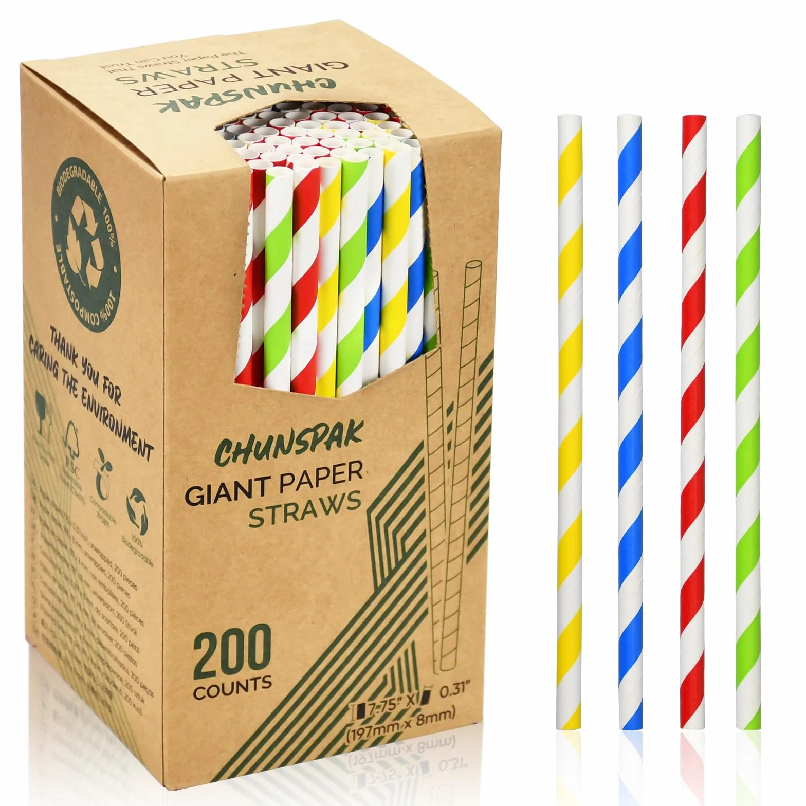 Cannucce di carta usa e getta da 8mm, 19,7 cm a strisce colorate - per frullati, gelato, smoothies, bevande dense - confezione da 200